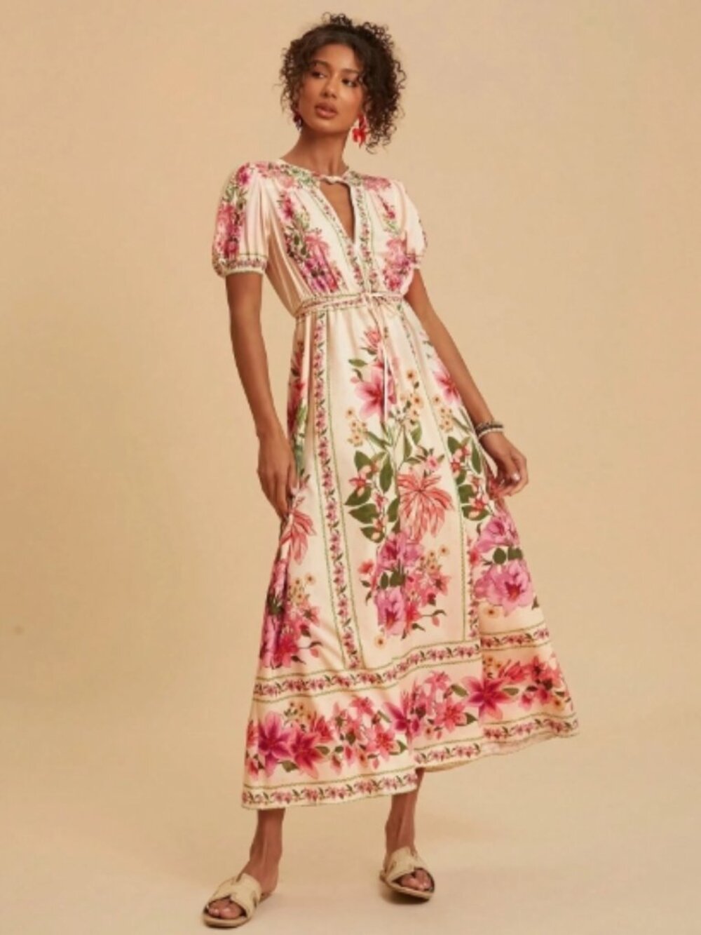 Travachic Beige 2026 New Floral Print Puff Sleeve Elegant Dress For Women SZ L